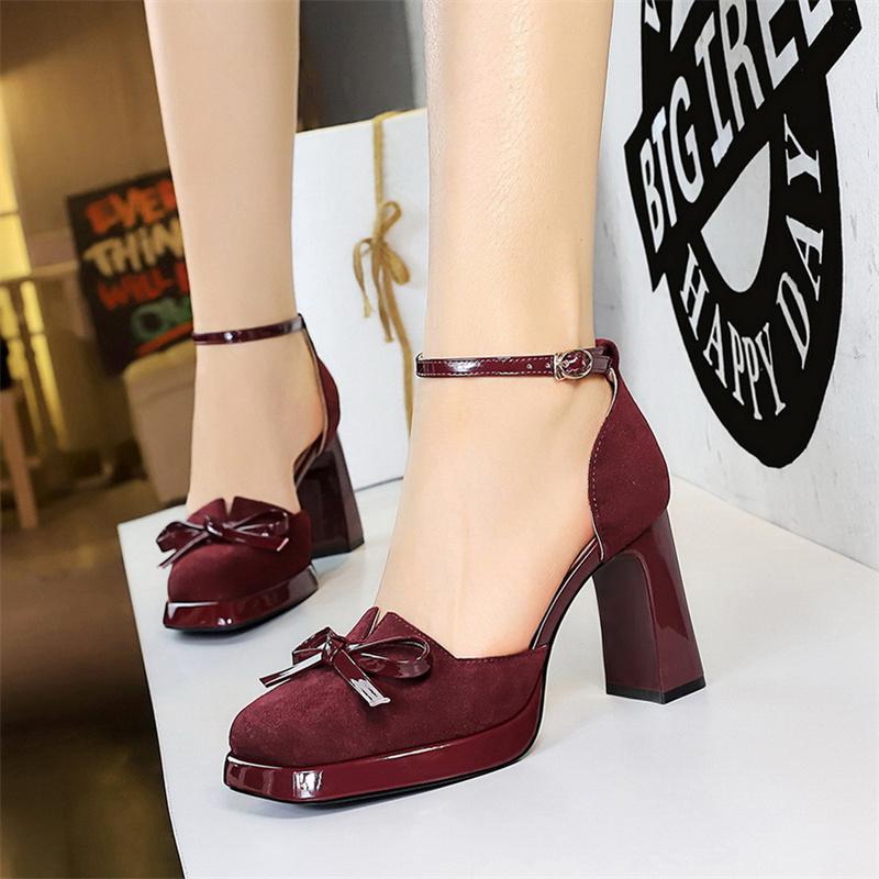 

Korean Version Of Hollow One-Button High Heel Sandals Thick Heels Waterproof Platform High Heels Square Toe Suede Women s Shoes 34