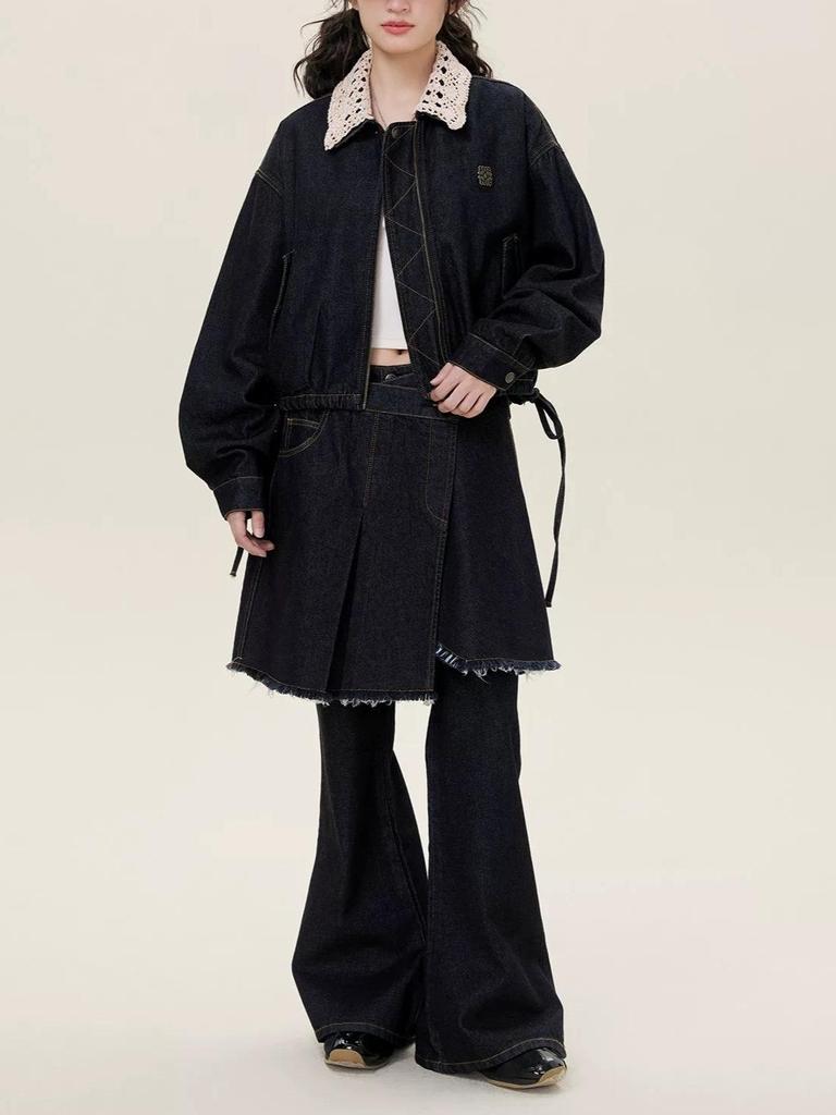 In Stock: Romantic Lace Denim Jacket with Detachable Knit Collar and Bud Hem - Girlish Style for Autumn