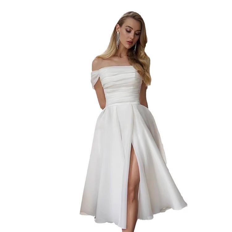 European and American One-word Shoulder Evening Dress White Certificate Registration Light Wedding Dress Birthday Party Fashion Split Dress