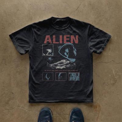 Sommer Herren Reiner Baumwoll Vintage Alien Filmplakat T-Shirt Lässig Stilvoll Locker und Atmungsaktiv Geeignet für den Alltag - M...