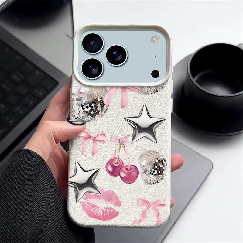 Cherry Bowknots Lips Disco Ball Pattern Case For iPhone 17 Pro Max iPhone 16 Pro Max 15 14 13 12 11 16E Air Luxury Leather Texture Silicone Cover