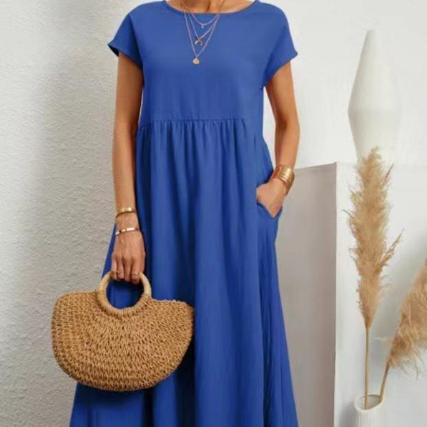 Women Elegant Solid Maxi Dress Summer Short Sleeve O Neck Vintage Harajuku Cotton Linen Loose Sundress Y2K Pockets Long Dress