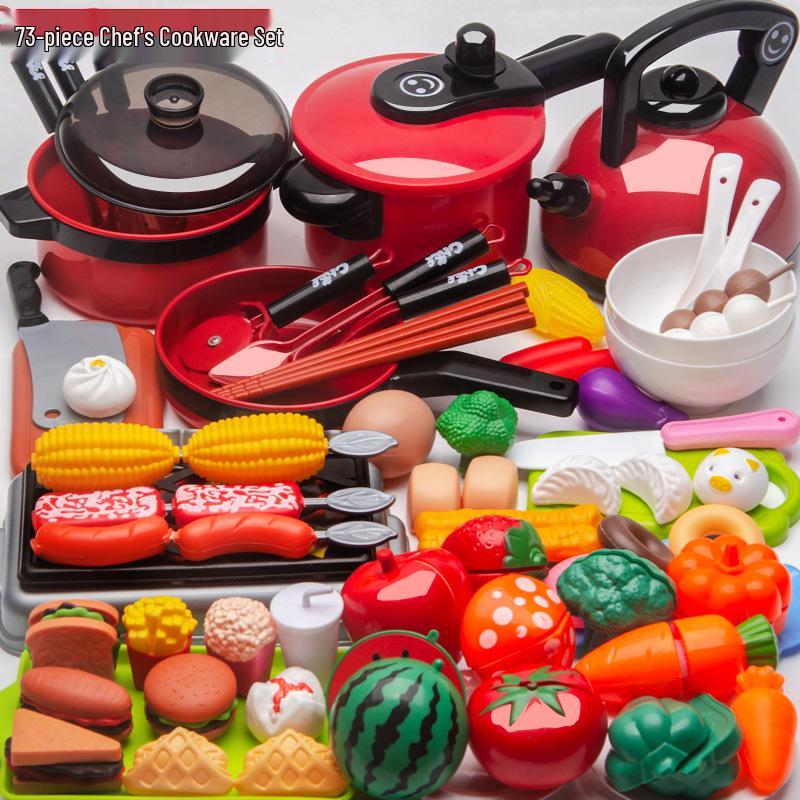 Kids' Pretend Play Kitchen & Shopping Cart Set with Cuttable Fruit and Veggies