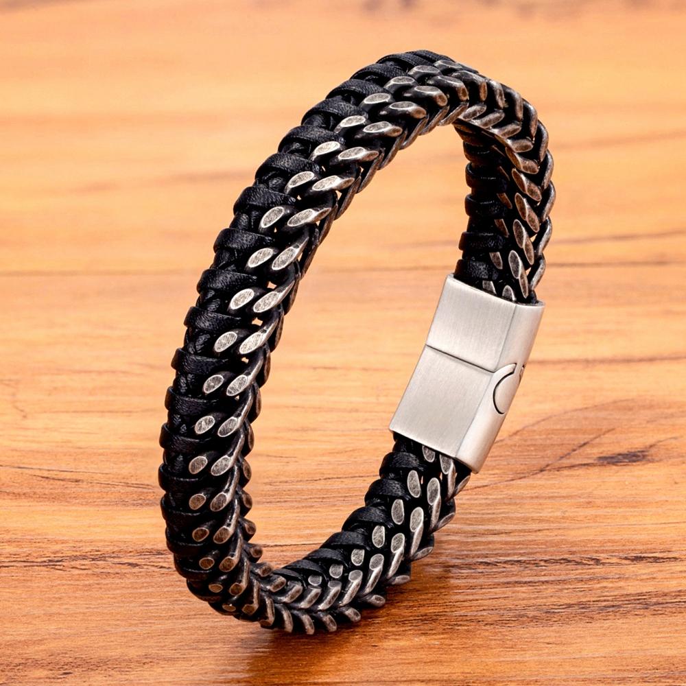 Luxury Vintage Handmade Leather Braid Men Bracelet Stainless Steel Buckle Business Men's Bangles for Friend Partner Lovers