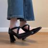 2025 Spring And Summer New Cross Elastic Band Retro Thick Heel Mary Jane One Foot High Heels Women Singles Pointed Ballet Shoes