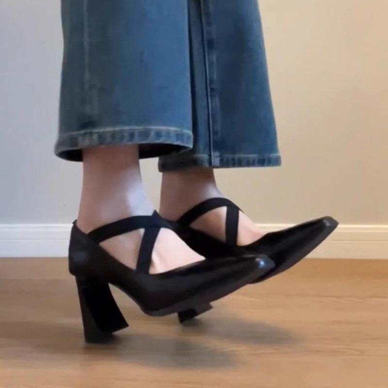2025 Spring And Summer New Cross Elastic Band Retro Thick Heel Mary Jane One Foot High Heels Women Singles Pointed Ballet Shoes
