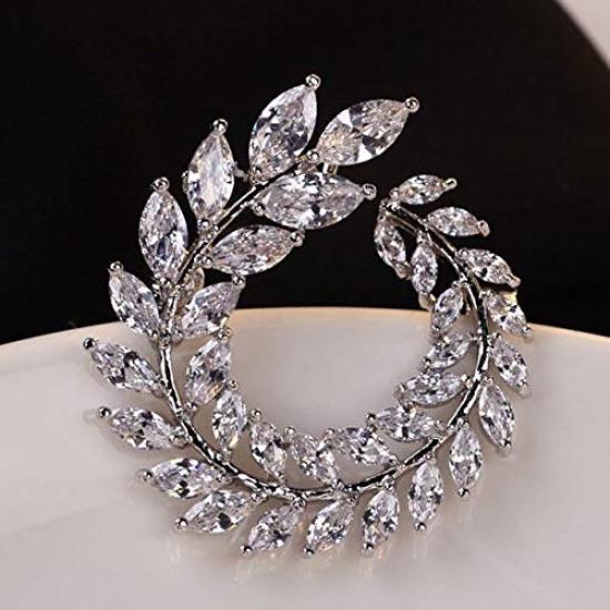 Zircon Olive Leaf Brooch Diamond Crystal Leaf Corsage for Wedding Graduation Ceremony Entrance Ceremony Brooch Christmas Gift (Silver)