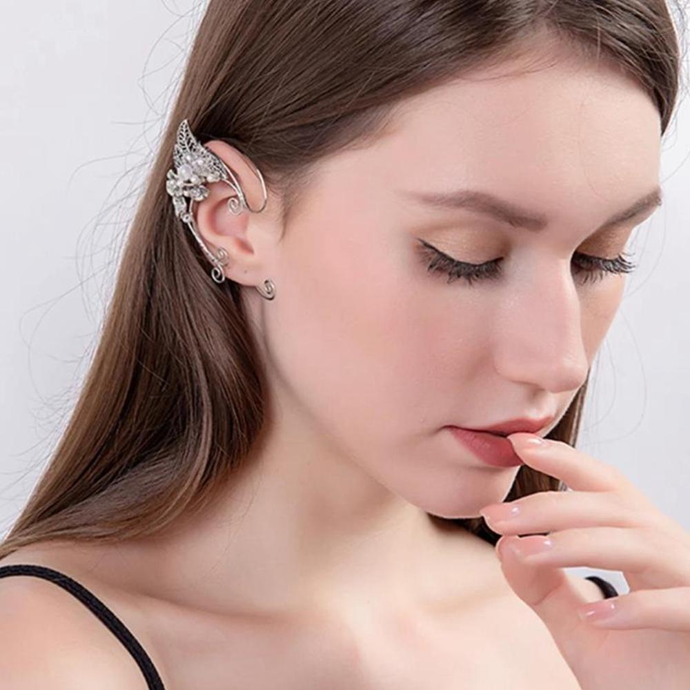 Bellissimo Elegante Ear Cuff da Elfo Fatato Vintage Foglia Fiore Filo di Alluminio Intrecciato Senza Foro Clip-On Orecchini Gioielli Cosplay da Donna