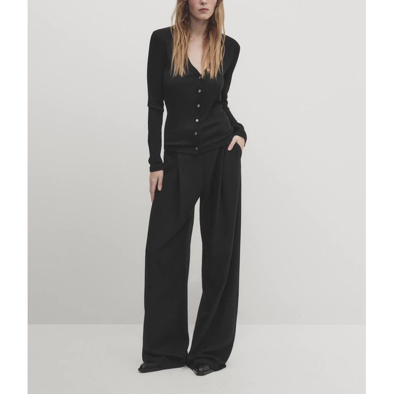 MD Spring New Arrival Minimalist Slim Gold Button Long Sleeves Rib Knitting Long Sleeves Tops 6848578