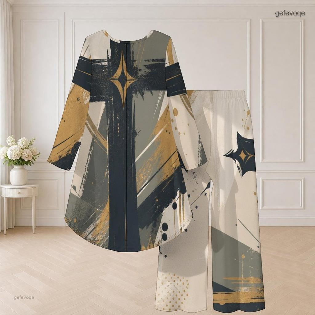 Women Plus Size Two Piece Pants Set Round Neck Long Sleeve Eagle Printed High Low Top Wide Leg Pants