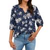 Women’s Floral Print Henley Neck Button Front Cotton Linen Blouse with Chest Pocket and Three Quarter Sleeves for Casual Wear