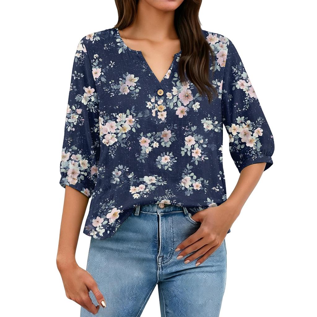 Women’s Floral Print Henley Neck Button Front Cotton Linen Blouse with Chest Pocket and Three Quarter Sleeves for Casual Wear