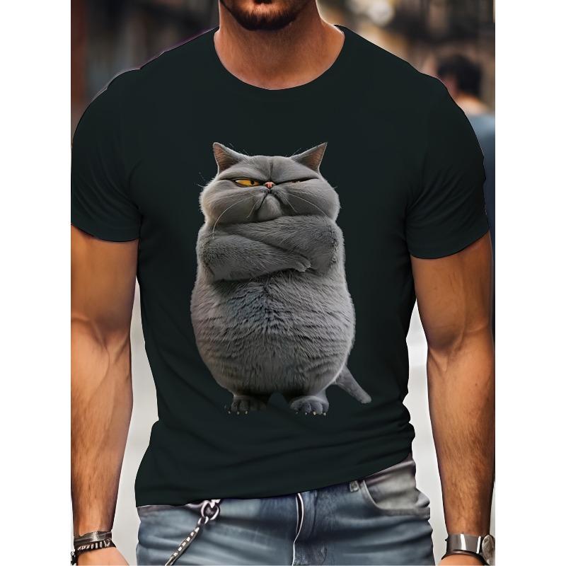 

European sizes Men S Funny Graphic T-Shirt - Black Cat with Angry Eyes Design - Lightweight Summer Tee- Casual Round Neck Shirt for Cat Lovers 4XL