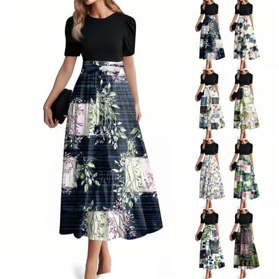 Women's Fashion Casual Belt Short Sleeve Round Neck Stitching Elegant Temperament Dress