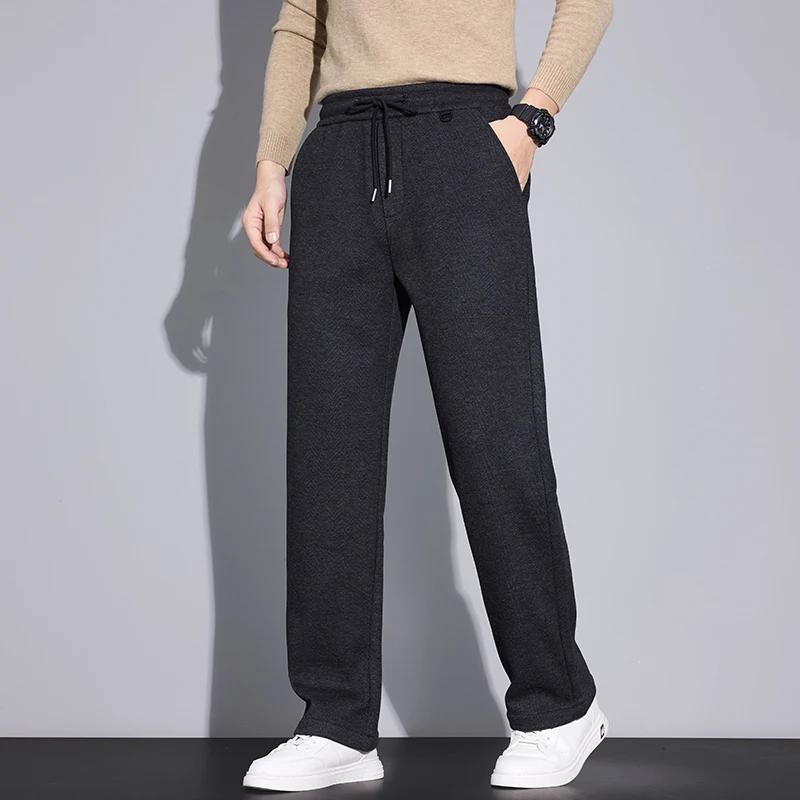 2025 Soild Color Men Thick Pants Winter Men Warm Straight Leg Pants Male Mid Waist Long Trousers Man Casual Wear Fleece Pants