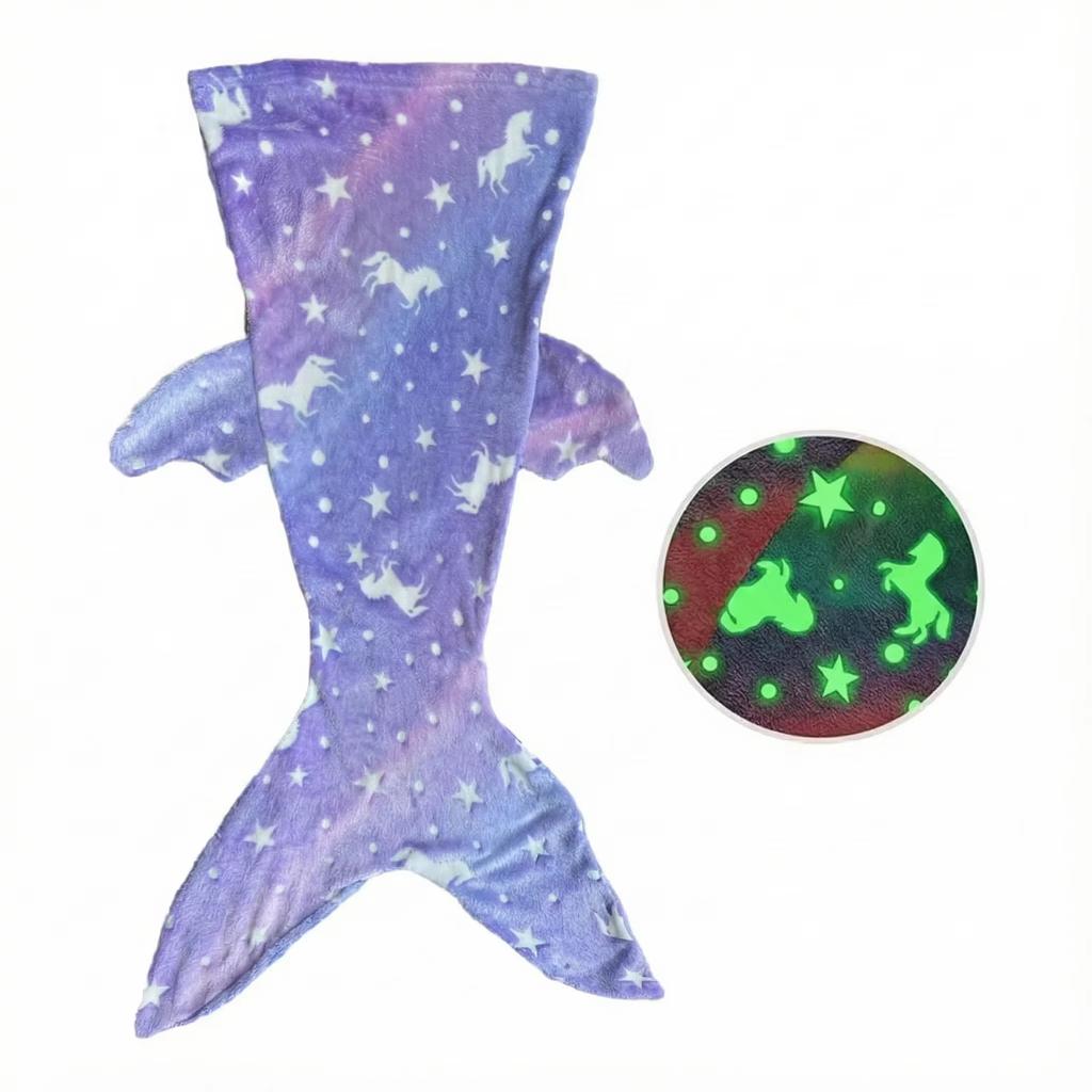 New Night Glow Mermaid Tail Blanket Soft Flannel Wearable Cute Blankets Gifts for Girls All Seasons Beautiful Rainbow Blanket
