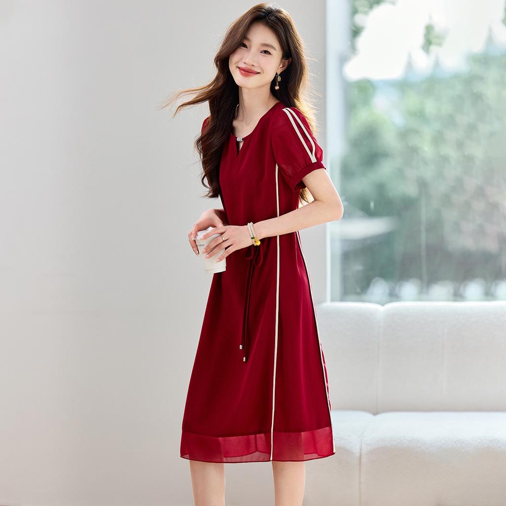 Elegant and sophisticated summer new contrasting color waist slimming short sleeved casual western-style mid length dress mid length skirt