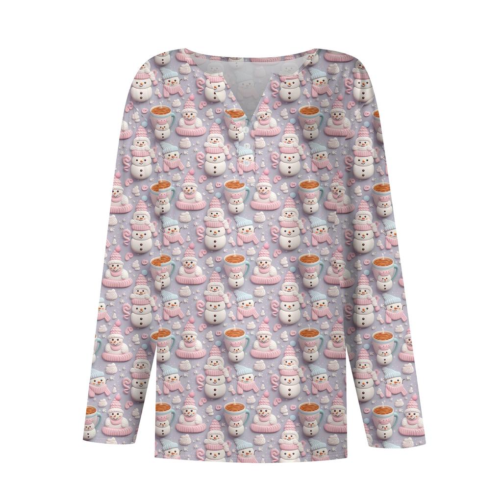 Women's Fashion Casual V-Neck Button-Up Long-Sleeve T-Shirt With Christmas Print Top