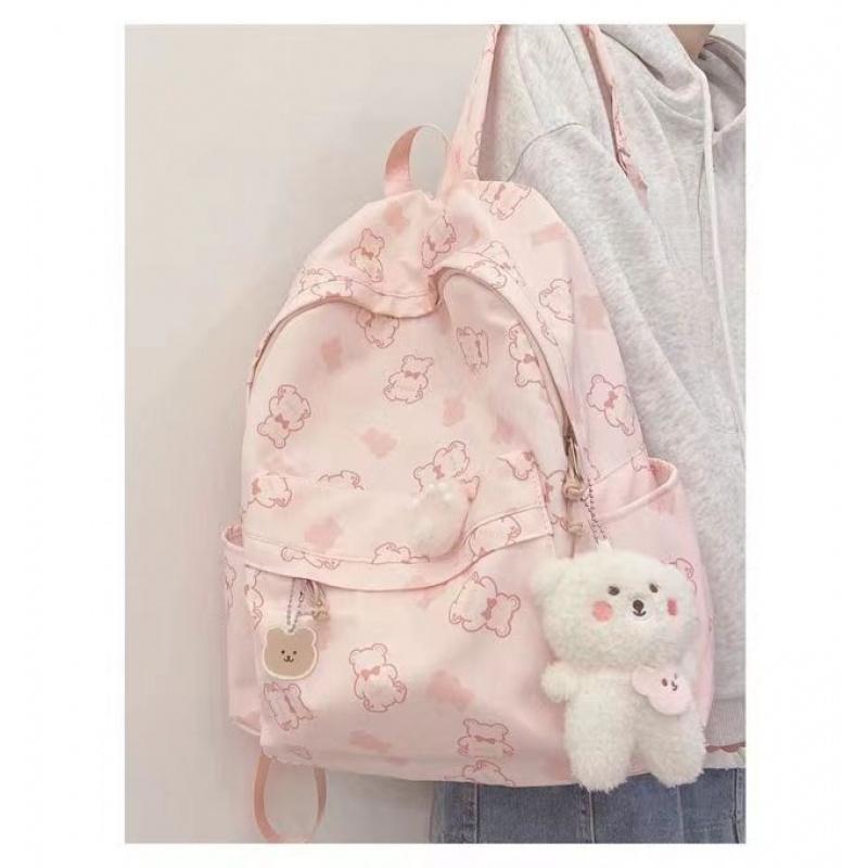 Bear Cartoon Print Backpack Versatile Soft Girl School Bag Teenage Girl Backpack
