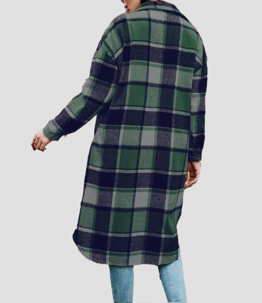 Women's Mid-Length Plaid Long Sleeve Loose Woolen Coat for Autumn/Winter, Plus Size