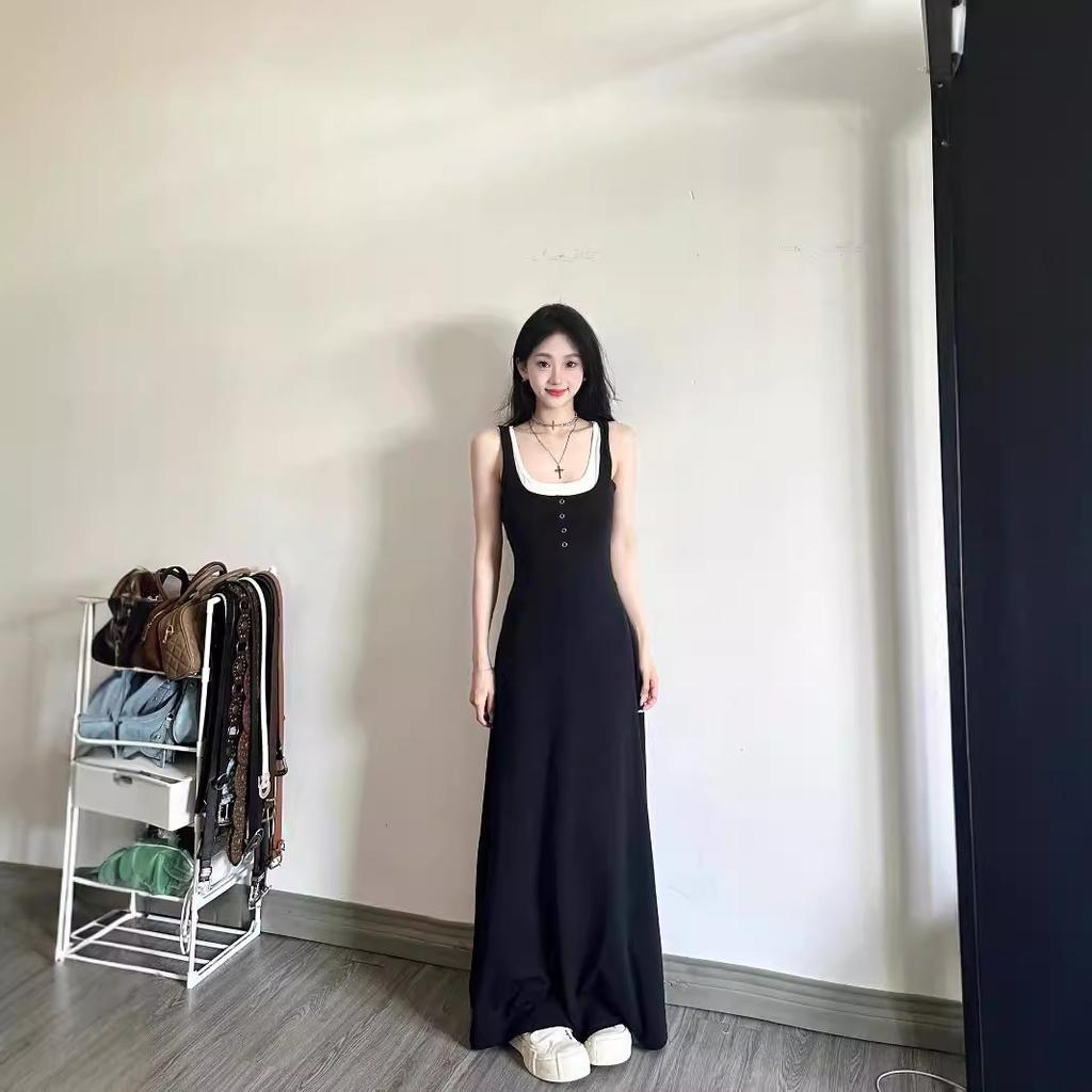 Black Sleeveless Sling Vest Dress Fake Two Pieces Design Sense Niche Waist Thin a Word Long Dress