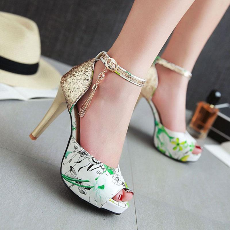 Women Summer Flower Print Shoes Fish Mouth High Heel Ladys Platform Sandals Evening Dress Wedding Shoes Femal Zapatos De Mujer