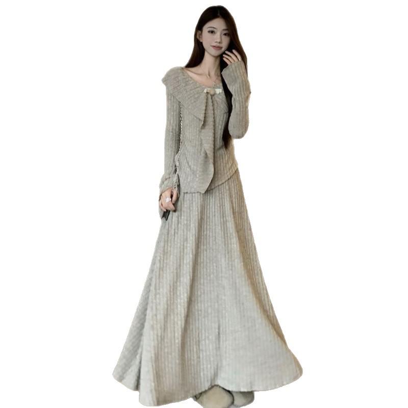 Women's Slimming Knit Two-Piece Set - Irregular French Top & High-Waisted Skirt