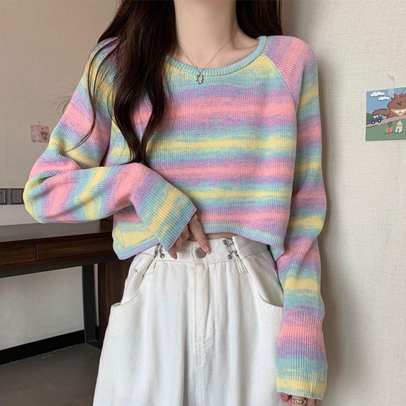 French Retro Designed Striped Knit Top Women's Spring Autumn Irregular Loose Short Long Sleeve Top