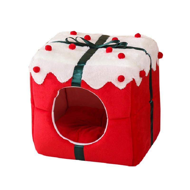 Theme Christmas Pet Cat Dog Bed Puppy Kitten Cozy Sleeping Nest Plush Cave House