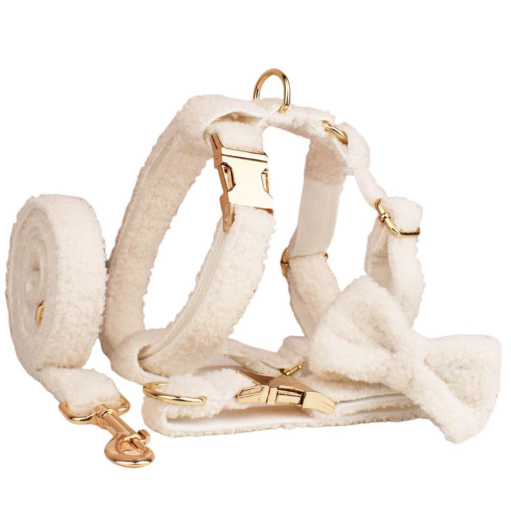 White Teddy Fleece Dog Collar & Leash Set with Custom Engraving
