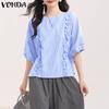 VONDA Women Turn Down Collar 3/4 Sleeve Striped Ruffled Casual Loose Blouse