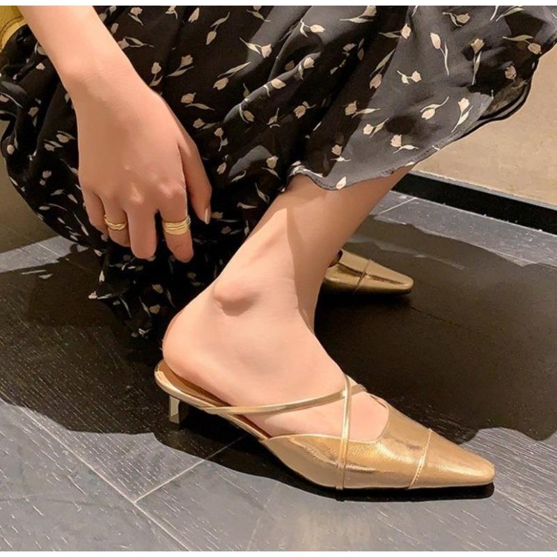 

Fashion New Style Fashion Women Thick Heel Middle Heel Sandals Women s Slippers High End Silver Half Slippers Plus Size Zapatos Mujer 39 золотой