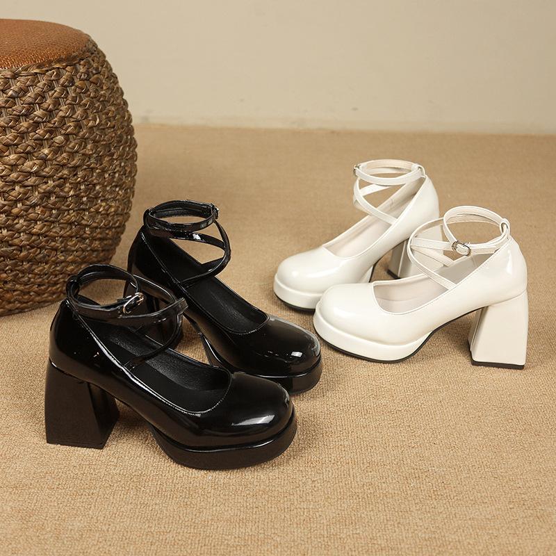 2025 Spring New Winding Belt High Heels Thick Heel Waterproof Table Single Shoes Japanese Casual Tide with Mary Jane Shoes Women