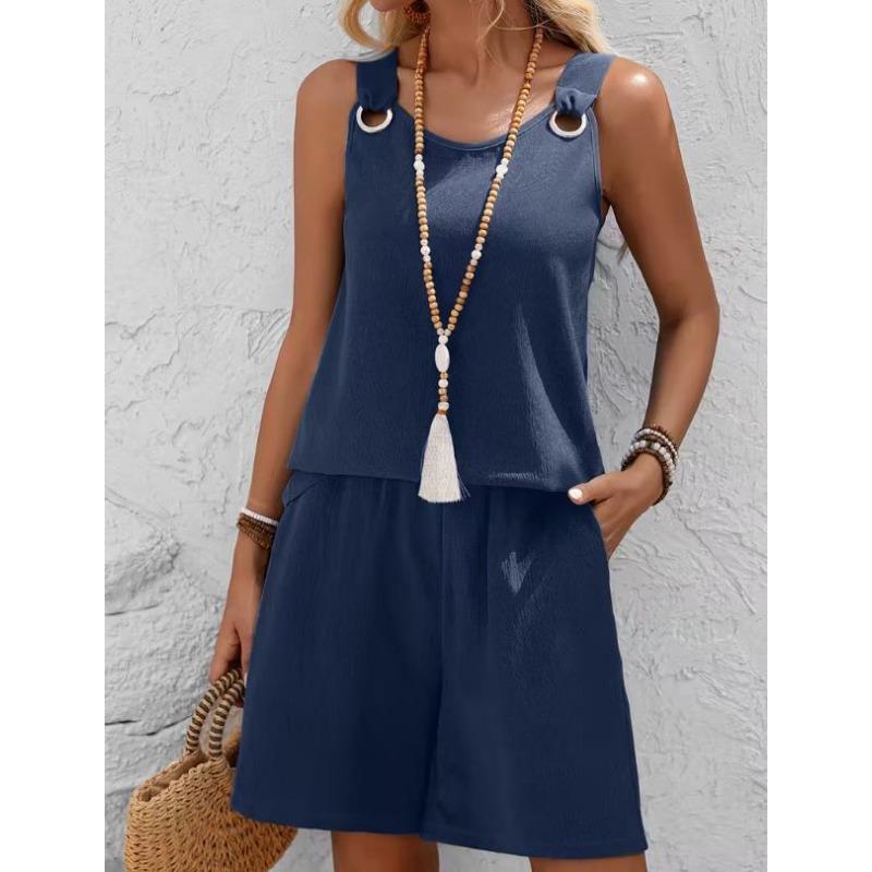 Western Spring Summer Fall New Solid Color Craft Fabric Double Pocket Sleeveless Top and Shorts, Vacation Style Elegant Casual Set