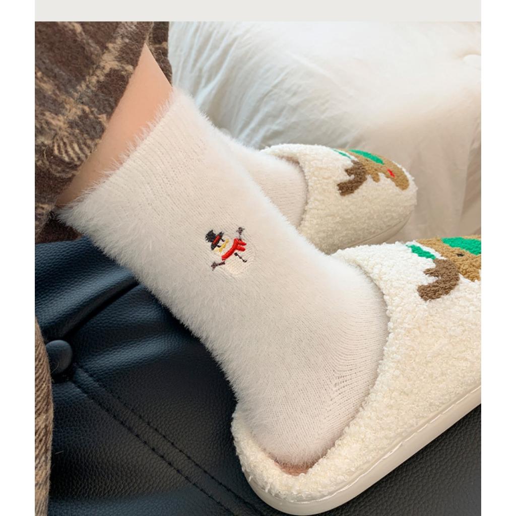 10-1 Pairs Autumn and Winter Socks, Children's White Mink Fur Christmas Socks, Snowman Santa Claus Christmas Tree Elements, Thickened Warm Socks