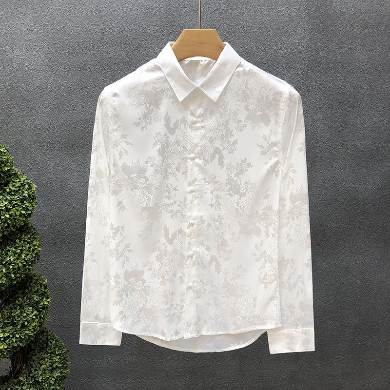 Herren Floral Jacquard Langarmhemd Lässig Button-Down Satinhemd für den täglichen und formellen Gebrauch M weiß