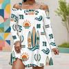 Women Plus Size Cold Shoulder Long Sleeve Surf Printed White Dress