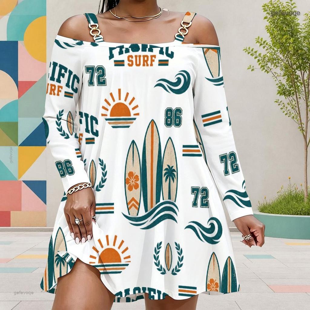 Women Plus Size Cold Shoulder Long Sleeve Surf Printed White Dress