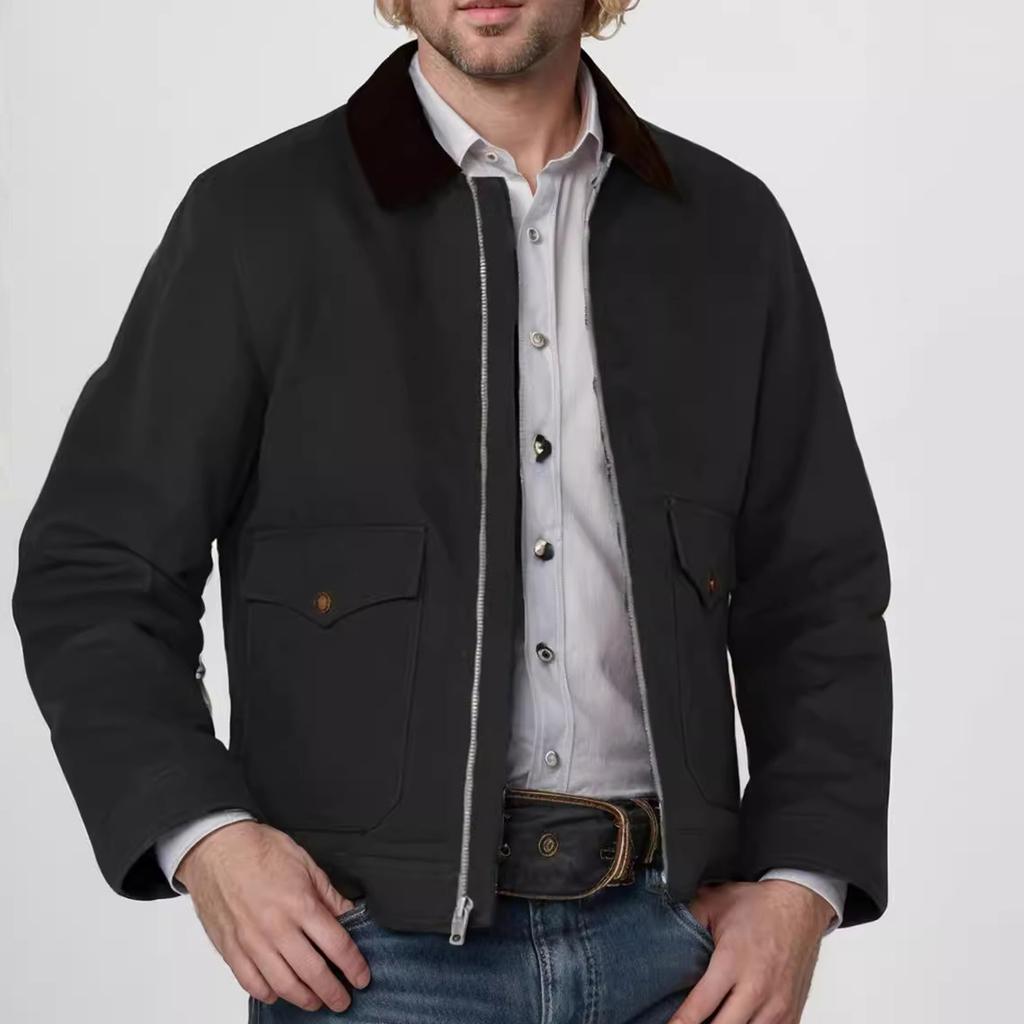 Men's Lapel Zipper Casual Jacket With Colorblock Collar And Large Pockets Long Sleeves