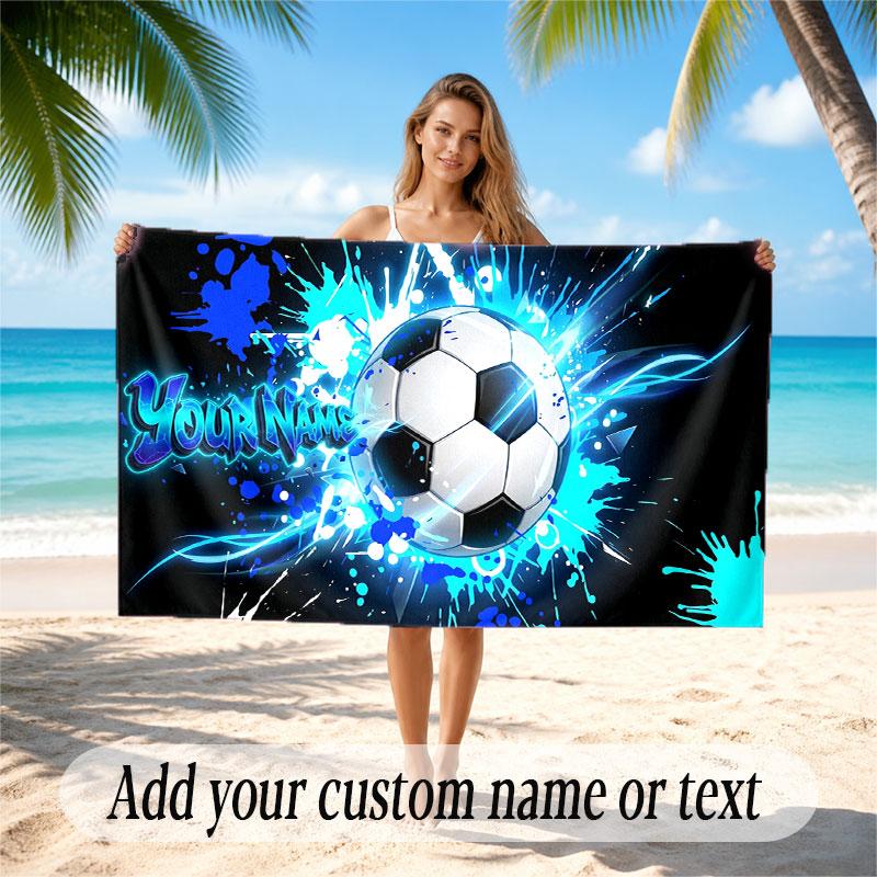 Soccer Theme Beach Towel Personalized Custom Name & Text Soft Quick Dry Beach Towel for Swimming Travel