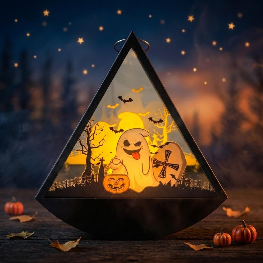 Halloween Swag Triangle Wind Lamp With Witch Ghost Pumpkin Print For Party Decorations And Gifts