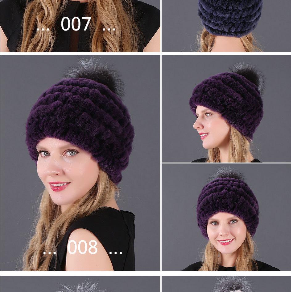 Women's Fur Hat with Rex Rabbit and Fox Fur Pompon for Autumn and Winter