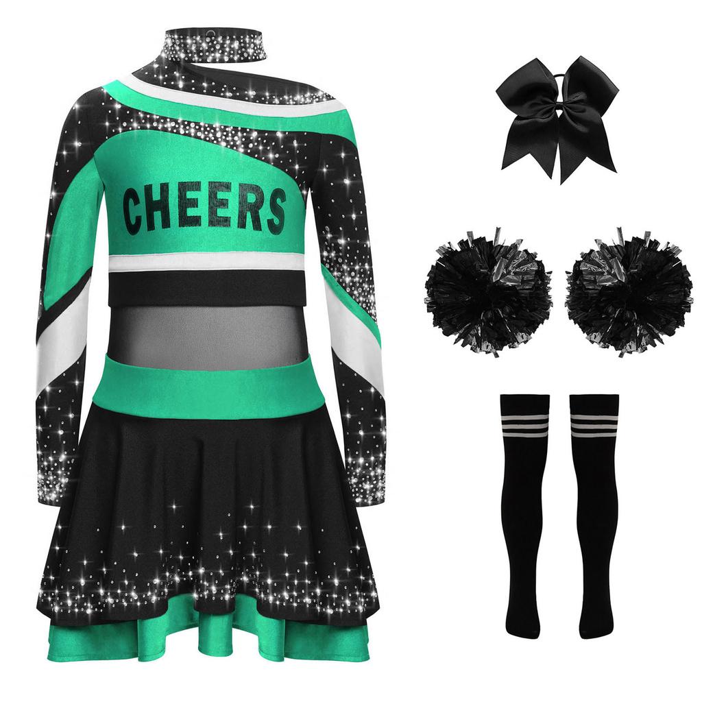 Girls Cheerleading Costume Set Long Sleeve Rhinestone Letter Print Color Block Top Skirt Bowknot Headband Striped Socks Pom Poms
