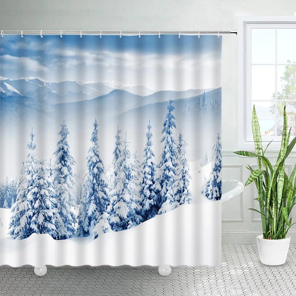 Winter Skiing Shower Curtain Set Modern Ski Station Snow Mountain Pine Tree Forest Bath Curtains Blue Christmas Bathroom Decor