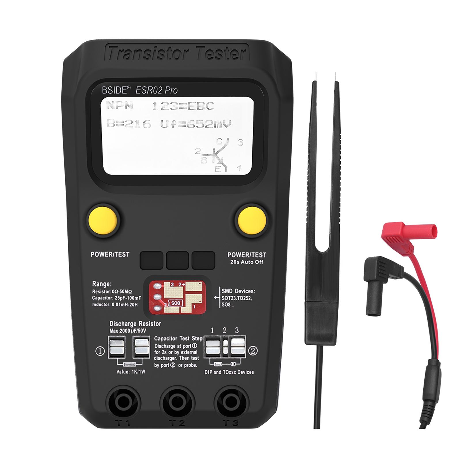 BSIDE ESR02 Pro Transistor Tester Tester digitale multifunzionale Capacità del resistore del triodo del diodo With Test Clip