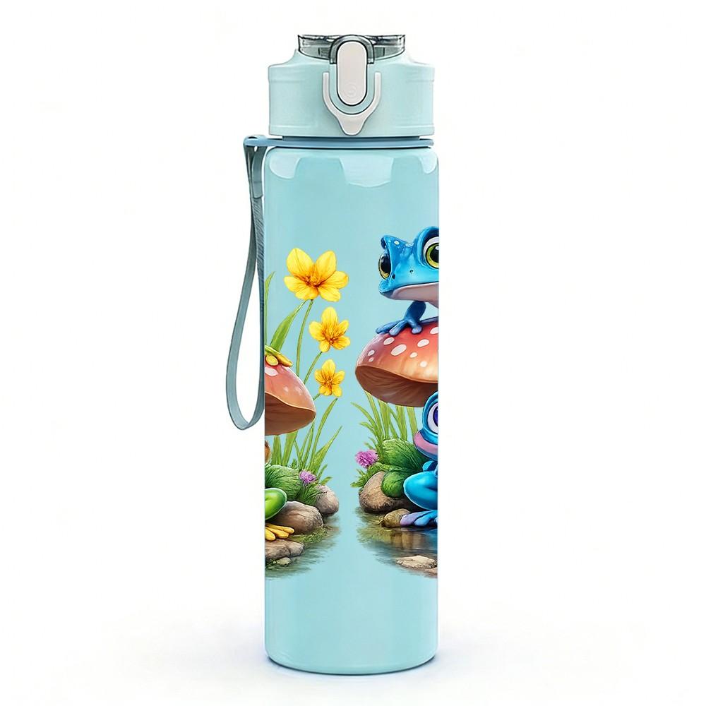 1PC Mushroom House Cartoon Print 750ml Color Plastic Sports Water Bottle Leakproof Flip Straw Lid Suitable for Sports Office Home Use