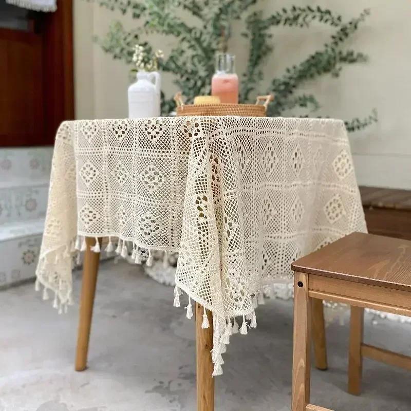 Häkelspitze Tischdecke Beige Baumwollgarn Gestricktes Karomuster Esstischdecke Quasten Rund Quadratisch Schreibtischabdeckungen