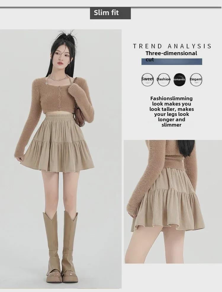 2024 Autumn/Winter High Waist Corduroy Ruffle A-Line Skirt