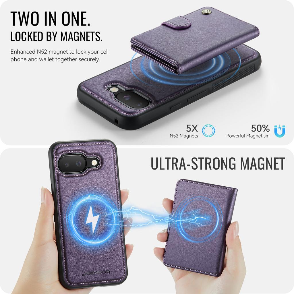 For Google Pixel 9a Case JEEHOOD J09 RFID Blocking Card Holder Leather Back Phone Cover Magnetic Case