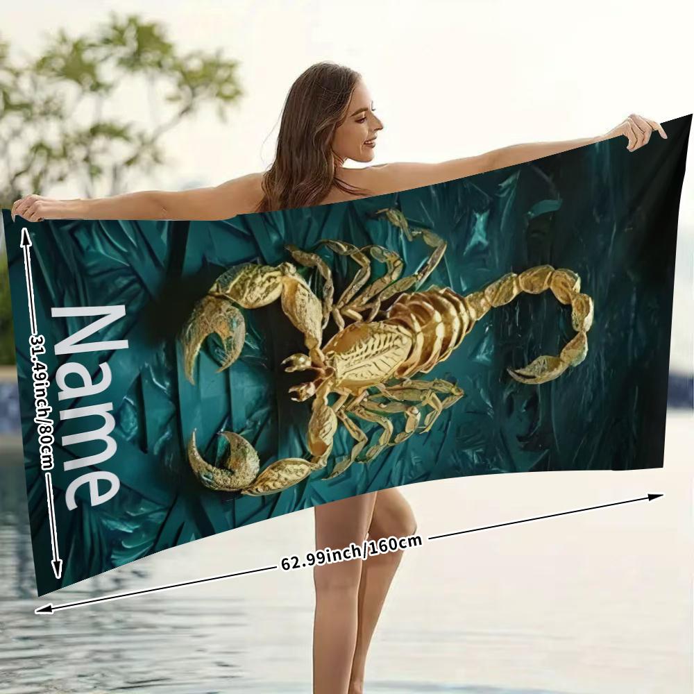 Custom Scorpion Beach Towel Gold Animal Print Personalized Name Quick Dry Sand Free Large Bath Towel For Swimming Pool Travel